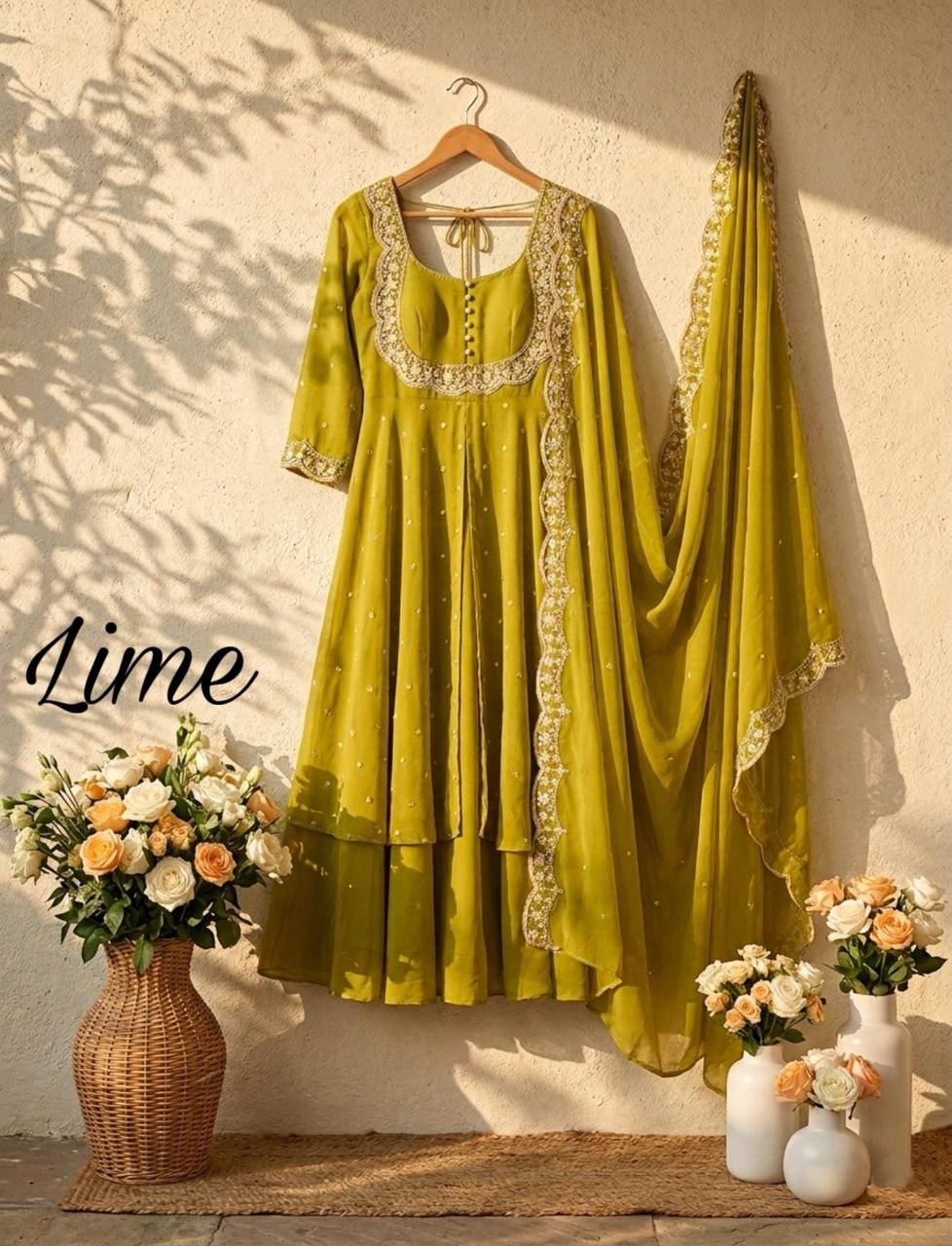 3piece set with sequin embroidery with scalloped dupatta borders - Image 3